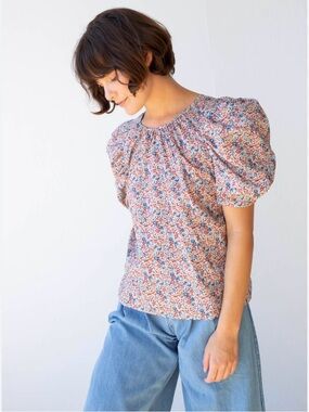 NWT BIRGITTE HERSKIND ROBIN Floral Puff-Sleeve Cotton Top in pink floral size S